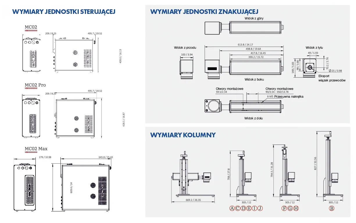 Wymiary komponentów znakowarki laserowej Fiber